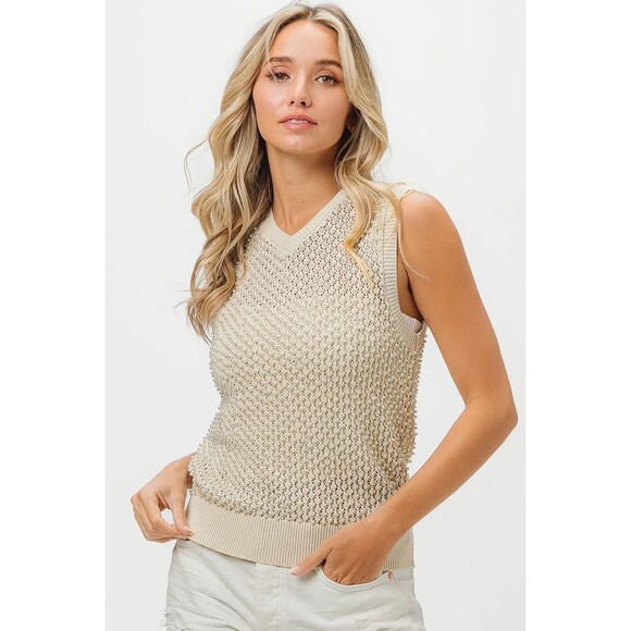 BiBi Knitted Beaded Pearl V Neck Sleveless Top - Picture 7 of 10